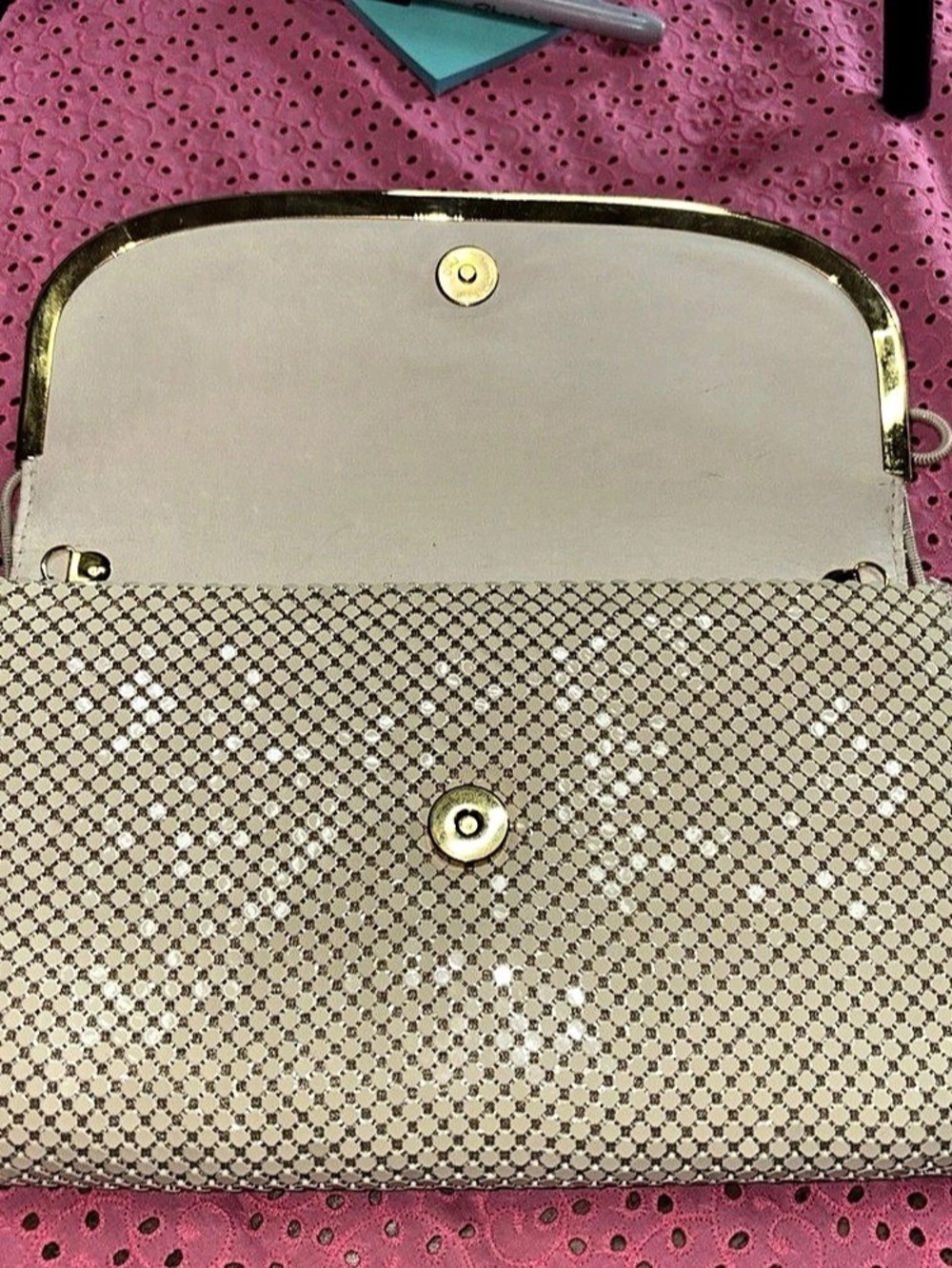 Whiting & Davis Frame Clutch in Beige & Gold